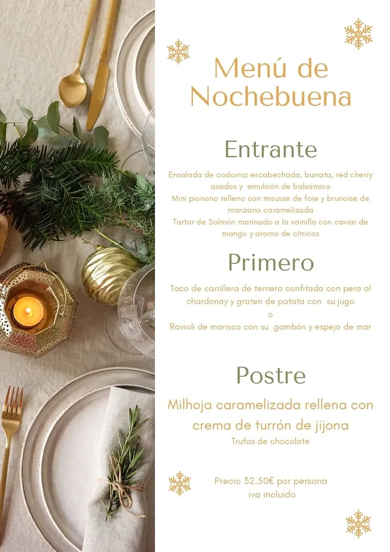 Carta del menú de Nochebuena 2023 de DUC Catering